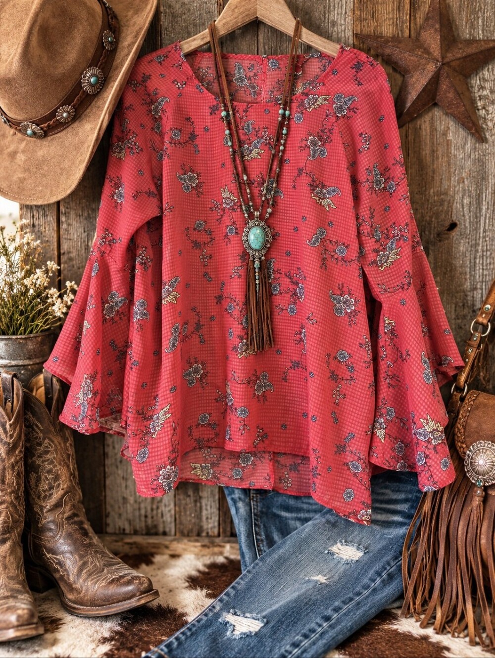 LC Lauren Conrad XL Coral Paisley Floral Bell Sleeve Blouse